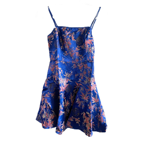 Lulu's Perfect Date Royal Blue Satin Jacquard Sleeveless Mini Dress S NWT - Picture 4 of 7
